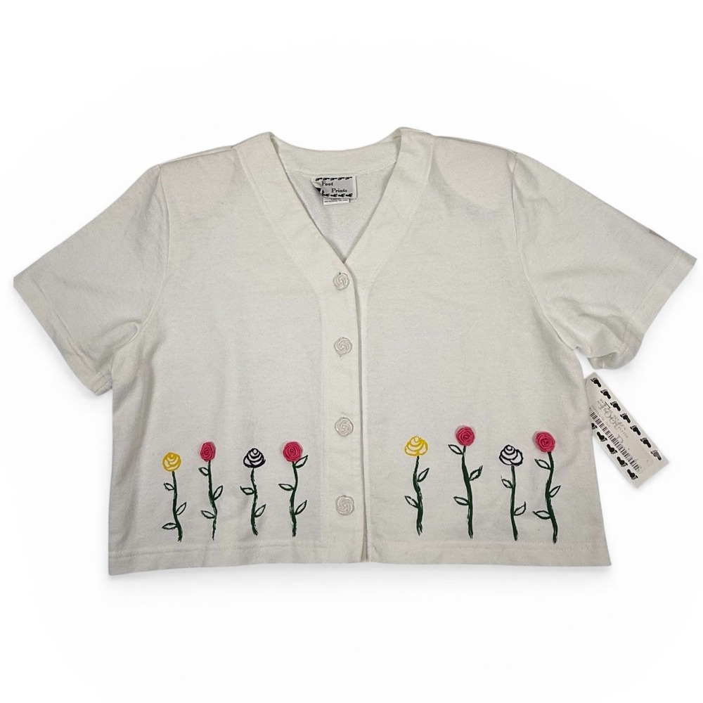 Foot Prints White Rose Embroidered Crop Top L‎ Button Front Cottagecore Coquette